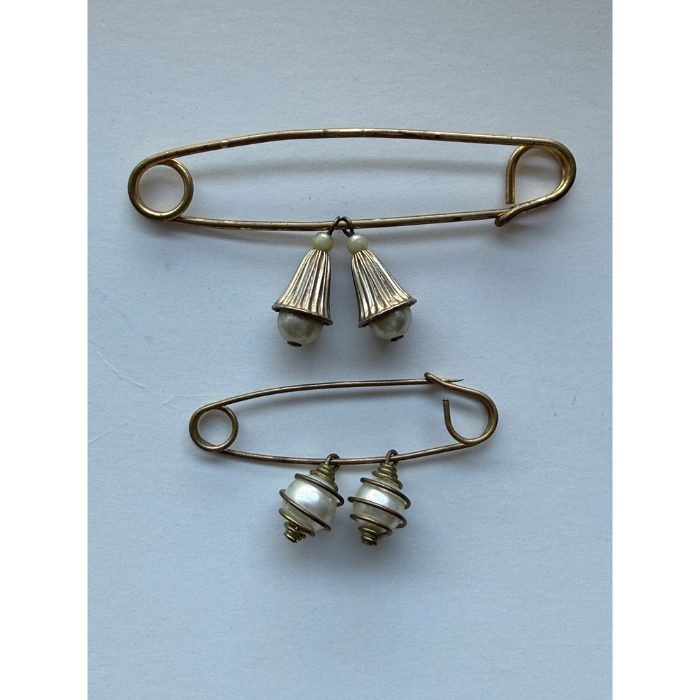 Antique Safety Pin Brooch Gold Tone With Faux Pearls